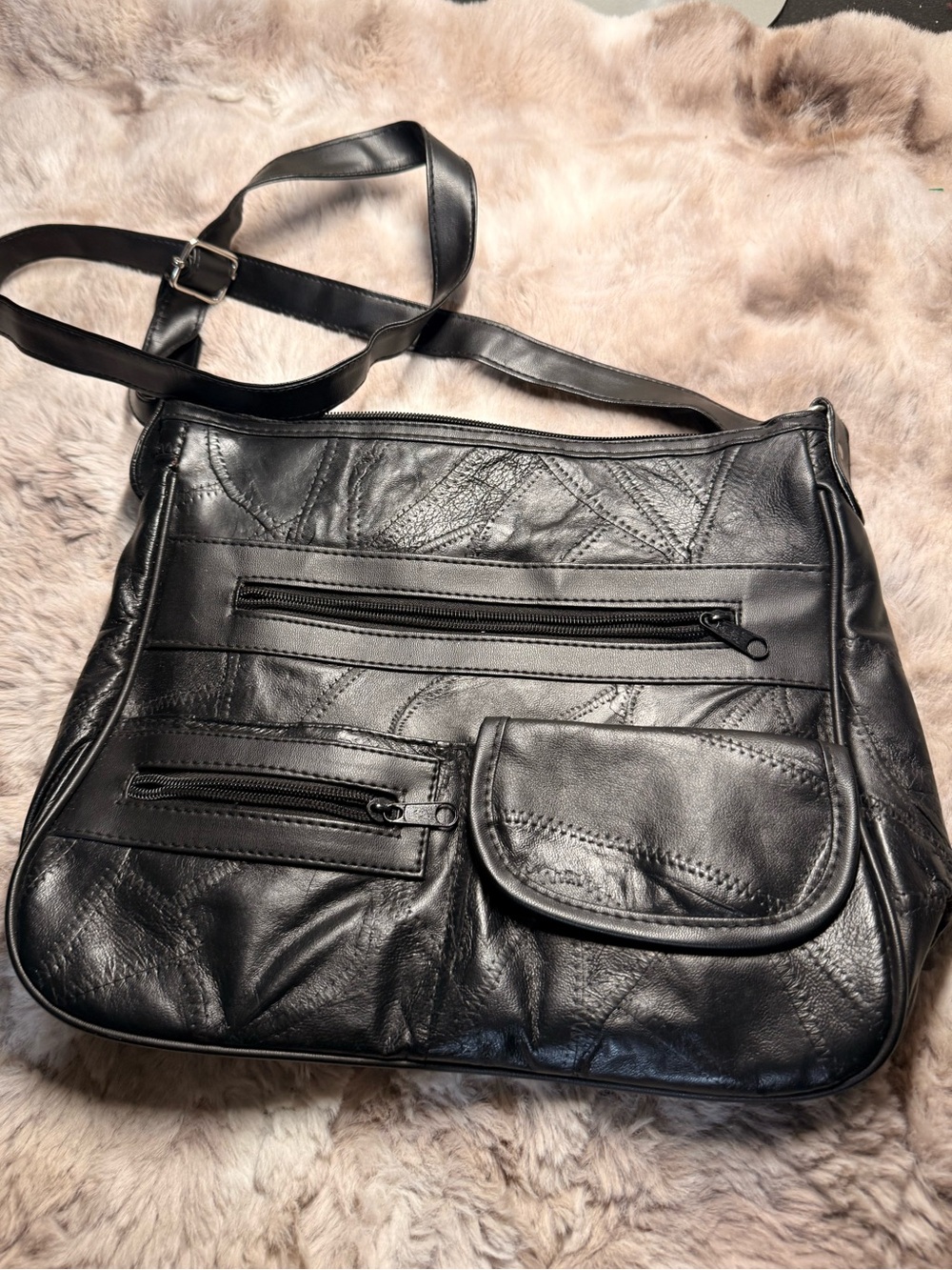 Vintage Y2K Black Lamb skin Leather Patchwork Crossbody Bag Indie Grunge Purse